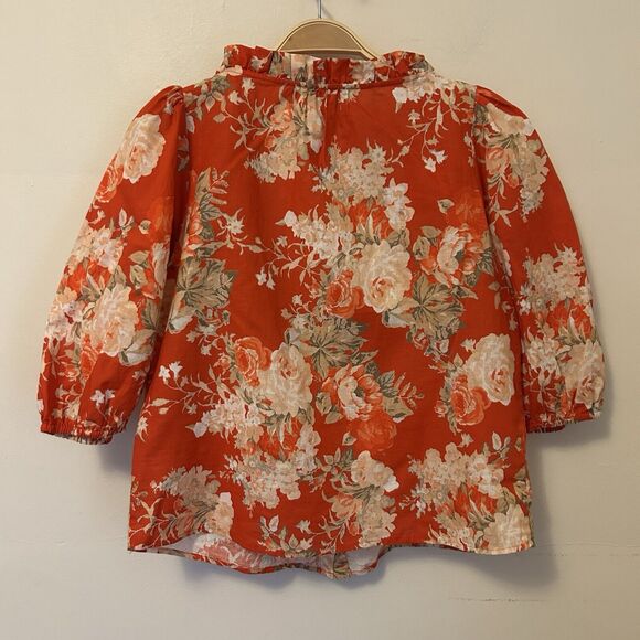 Sezane Kellia Blouse Orange Floral Flowers Linen Puff Sleeve Top 38 US 6 M - Picture 6 of 8